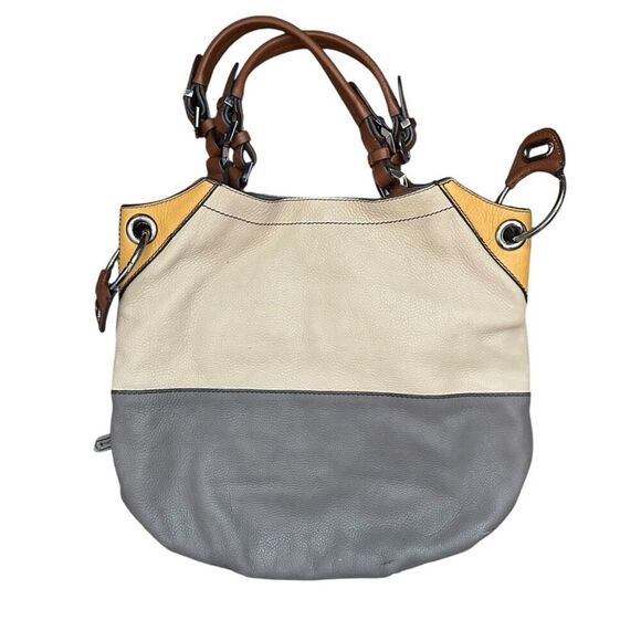 Oryany Color Block Pebble Leather Hobo Bag Boho Beige‎ Grey Silver Hardwear - Picture 1 of 14